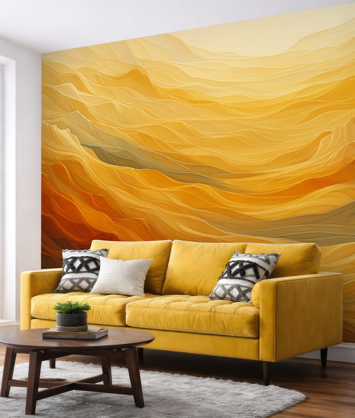 Fototapeta Górskie reliefy oraz wolumetryczne pagórki, odcień pomarańczowy, żółty.