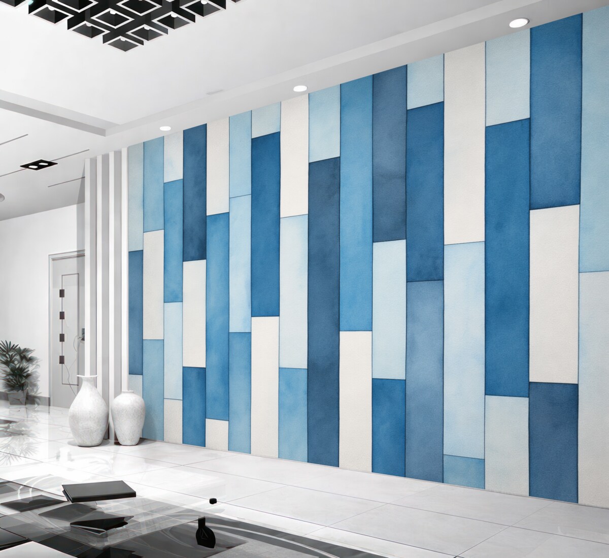 Fototapeta Pionowe akwarelowe niebiesko-białe szerokie pasy.