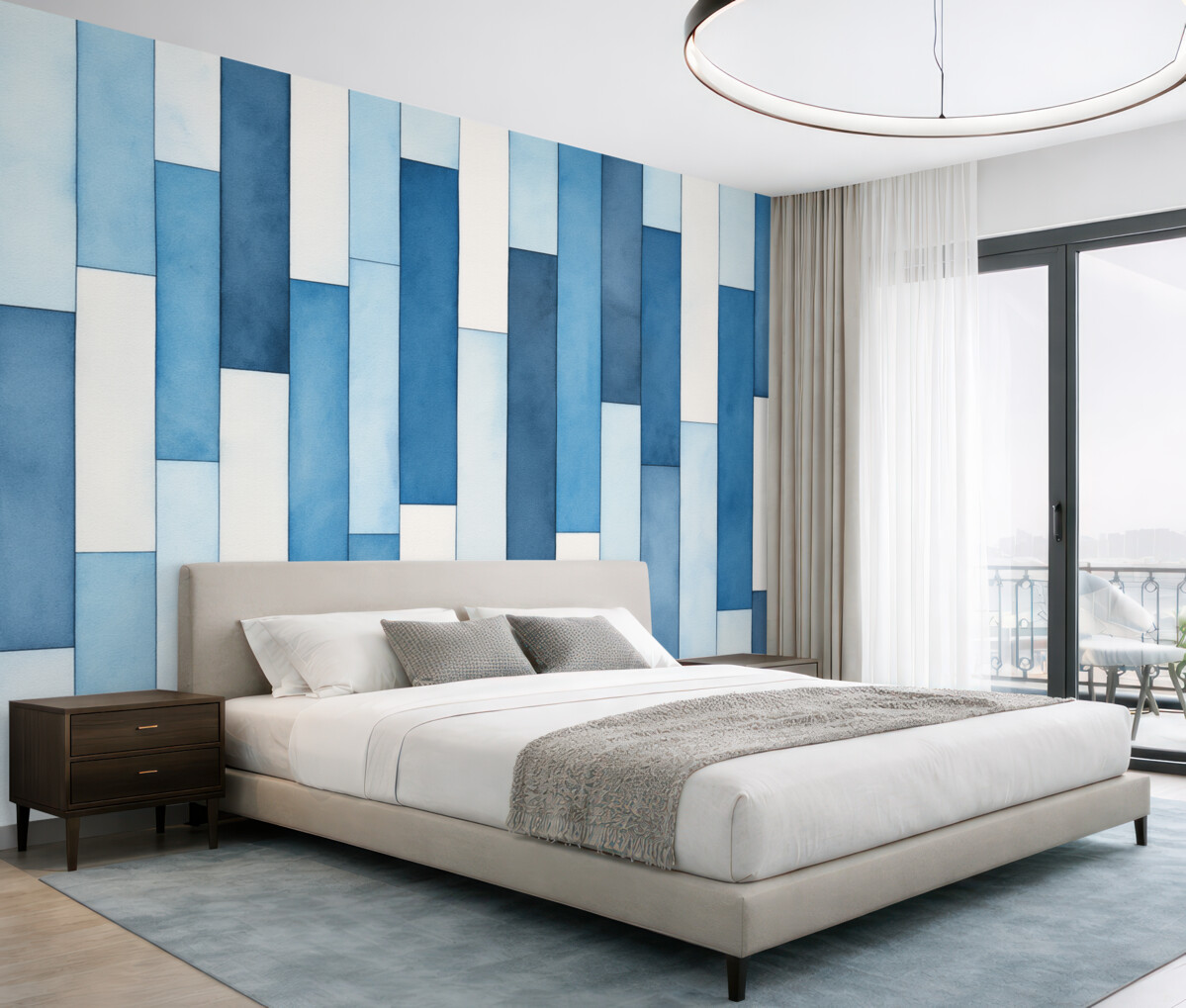 Fototapeta Pionowe akwarelowe niebiesko-białe szerokie pasy.