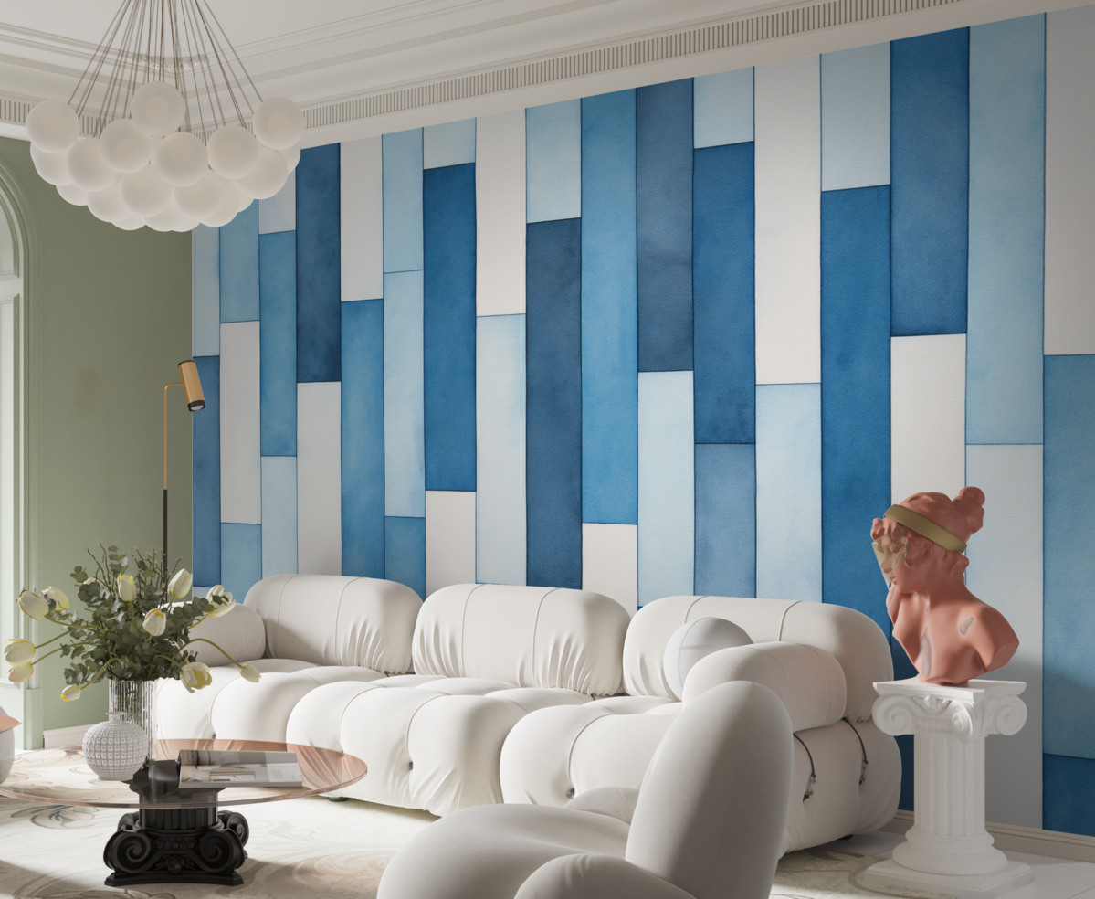 Fototapeta Pionowe akwarelowe niebiesko-białe szerokie pasy.