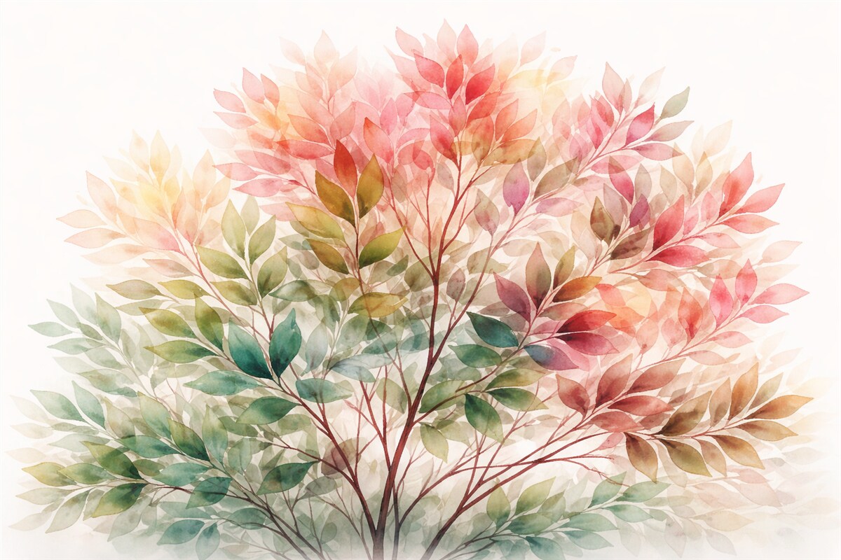 Fototapeta Liściaste drzewo akwarelowe, odcienie różu i zieleni.