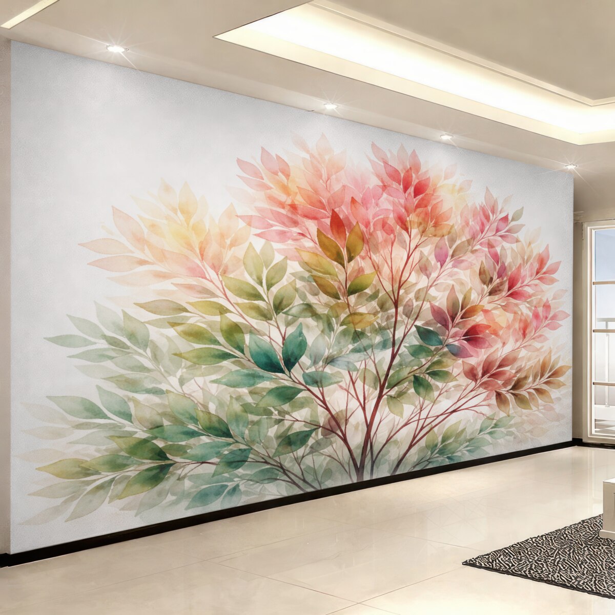 Fototapeta Liściaste drzewo akwarelowe, odcienie różu i zieleni.