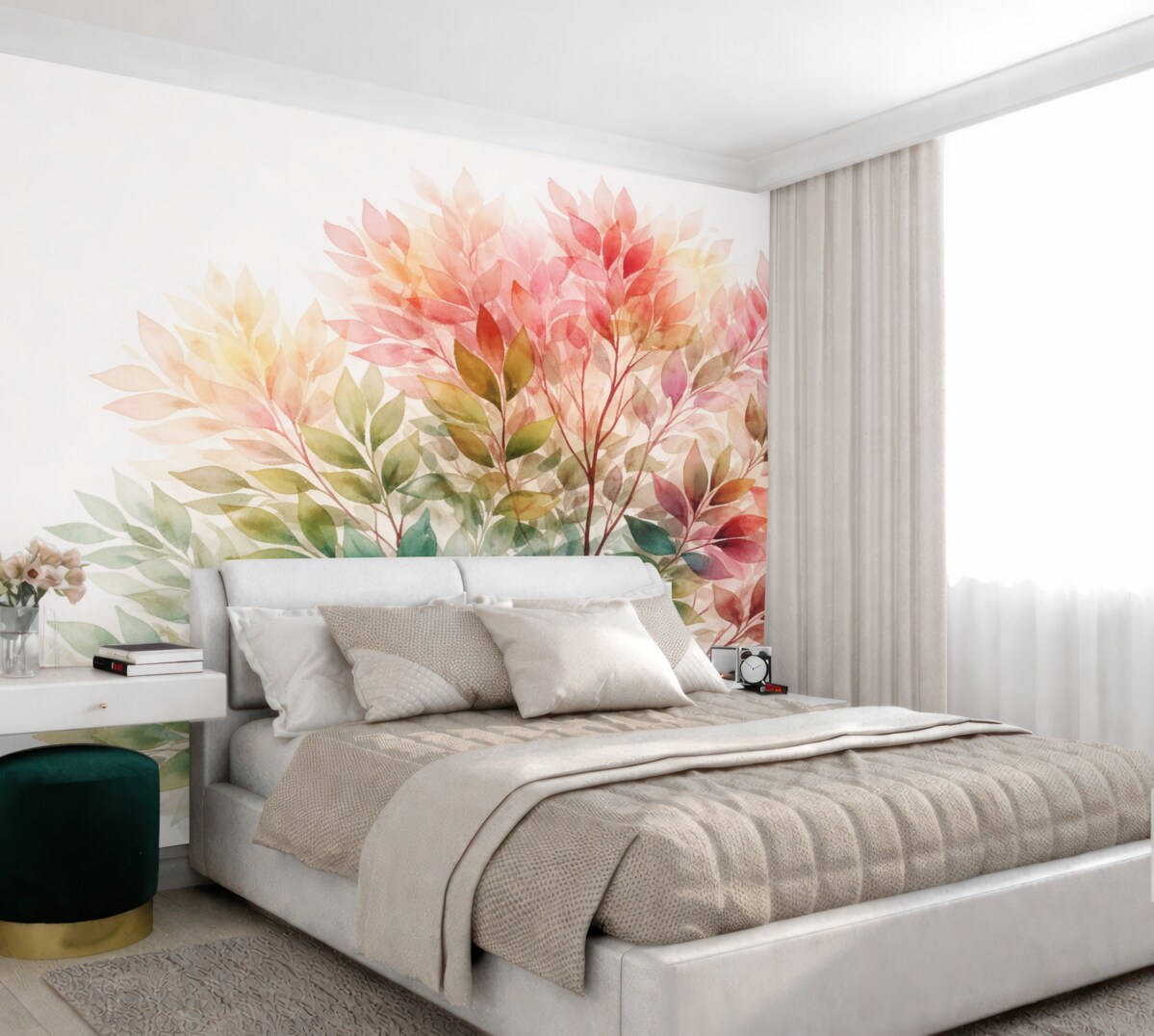 Fototapeta Liściaste drzewo akwarelowe, odcienie różu i zieleni.