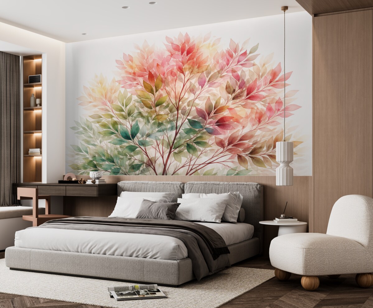 Fototapeta Liściaste drzewo akwarelowe, odcienie różu i zieleni.