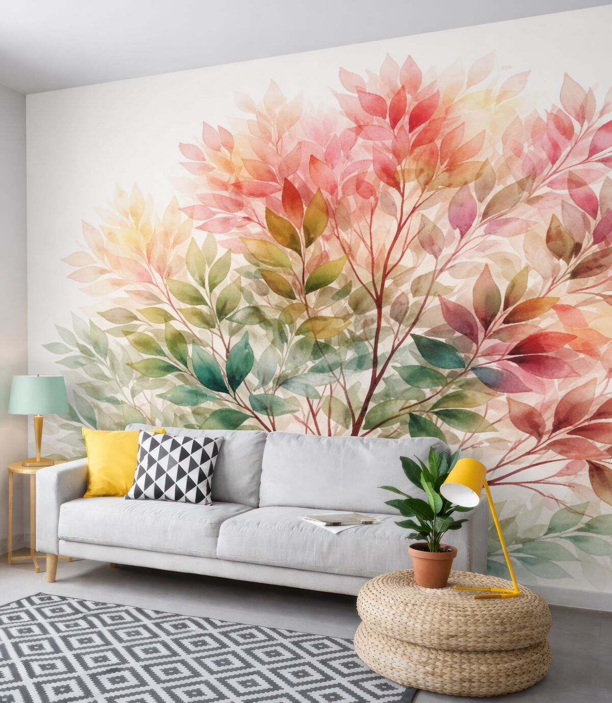 Fototapeta Liściaste drzewo akwarelowe, odcienie różu i zieleni.