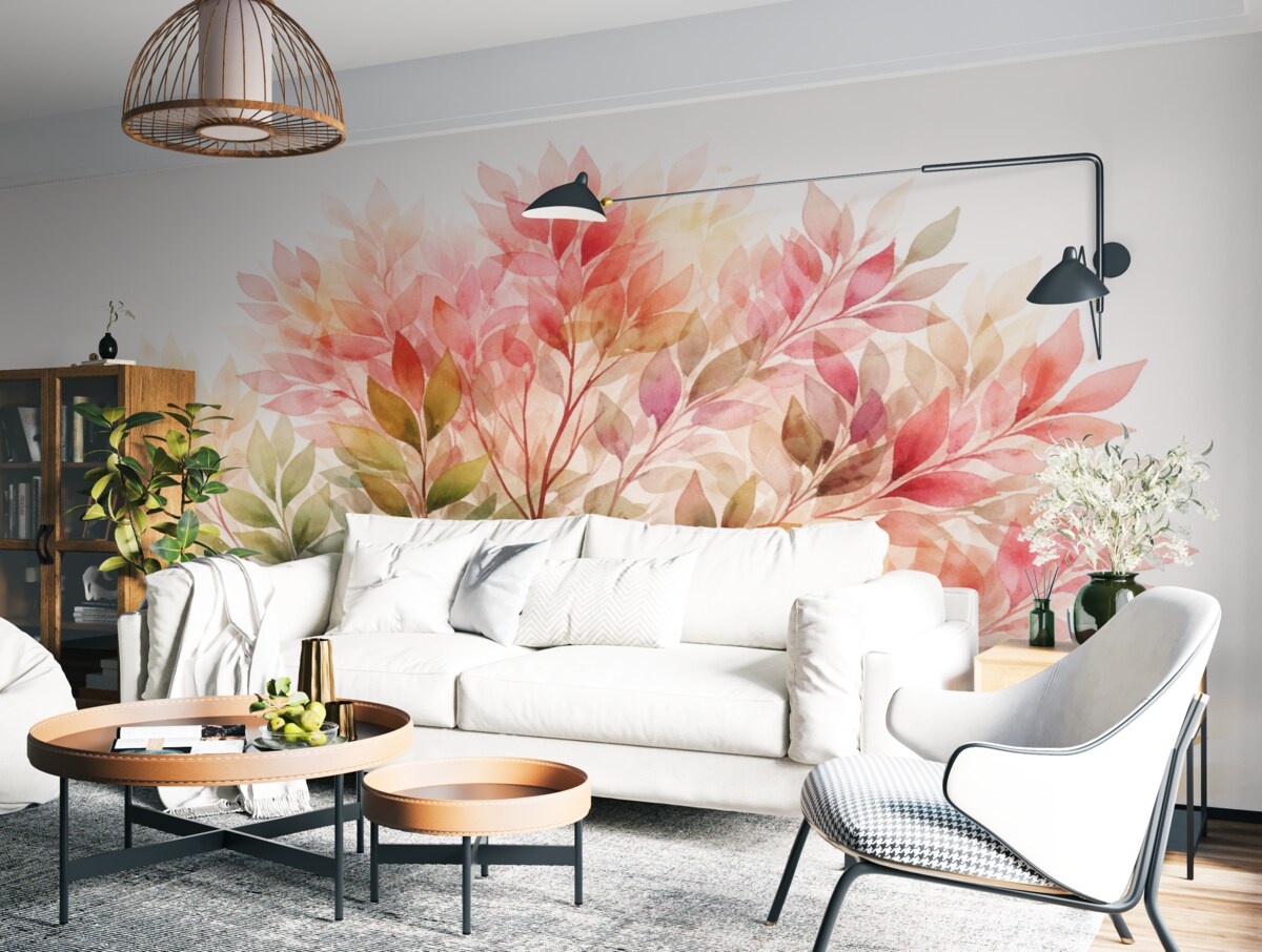 Fototapeta Liściaste drzewo akwarelowe, odcienie różu i zieleni.