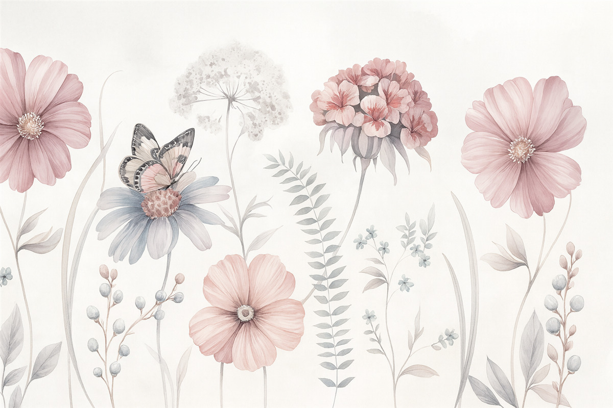 Fototapeta Obszerne, subtelne kwiaty oraz rośliny z motylkiem.