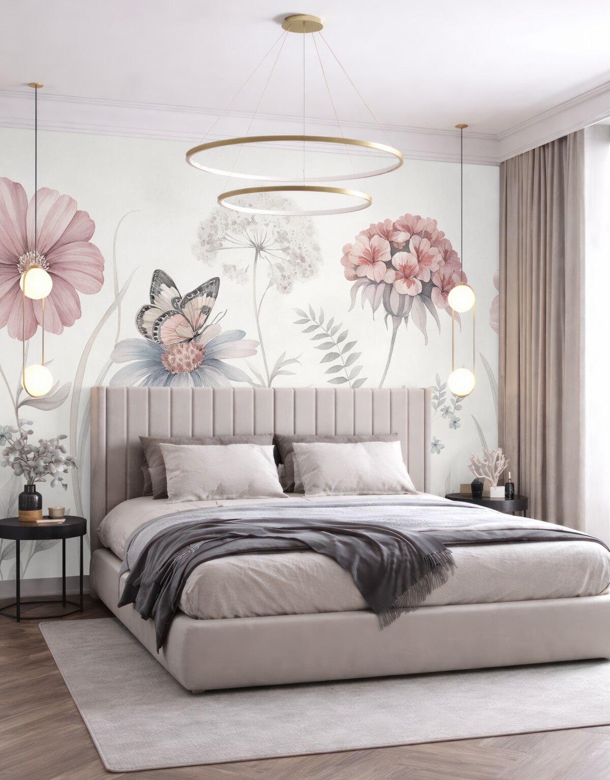 Fototapeta Obszerne, subtelne kwiaty oraz rośliny z motylkiem.