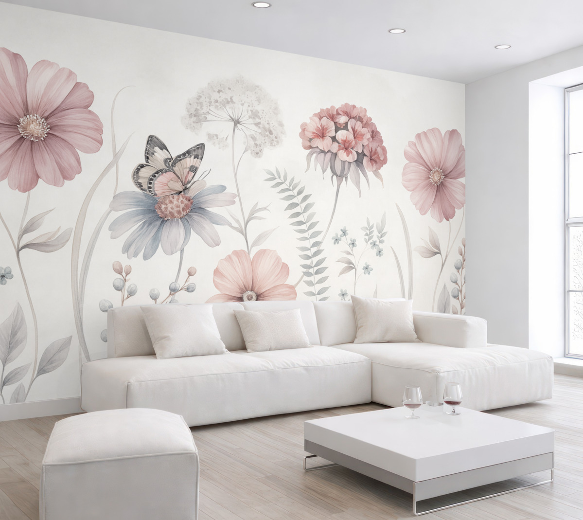 Fototapeta Obszerne, subtelne kwiaty oraz rośliny z motylkiem.