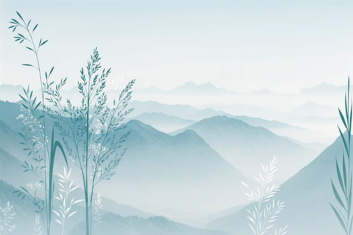 Fototapeta Panorama gór z roślinami i kwiatami.