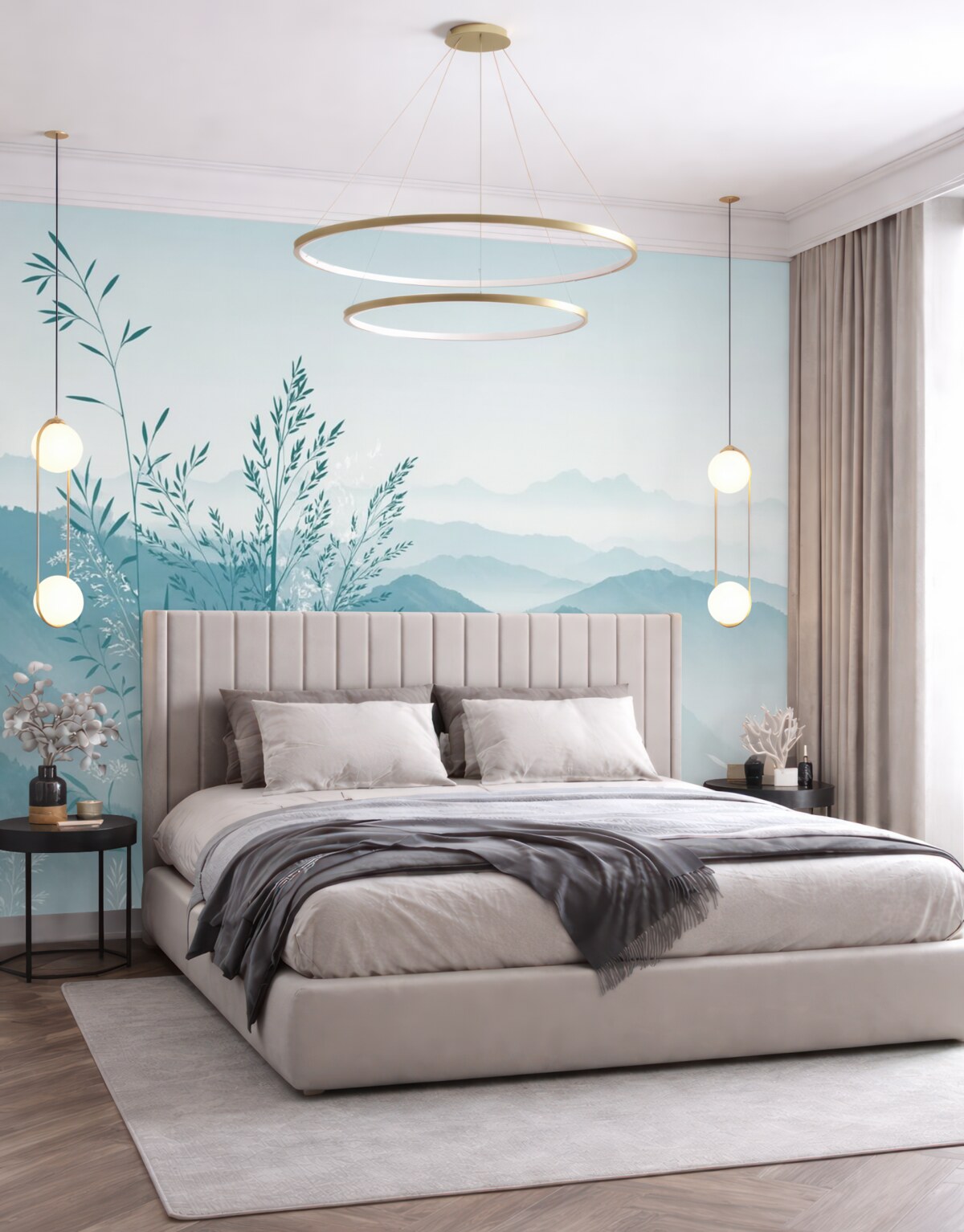 Fototapeta Panorama gór z roślinami i kwiatami.