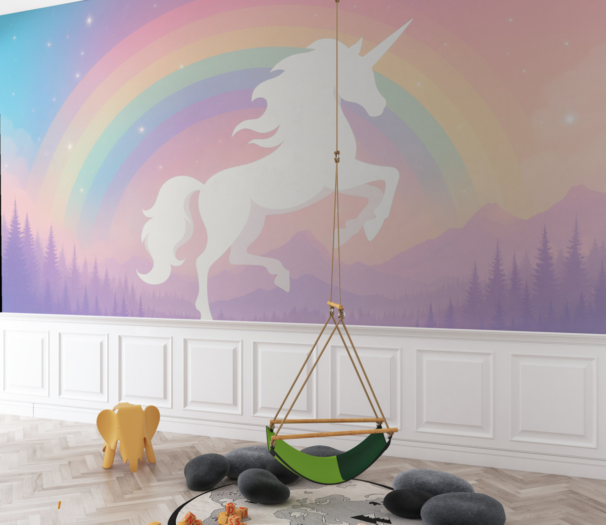 Fototapeta Sylwetka kucyka oraz barwne tło w stylu skandynawskim dla dziewczynek.