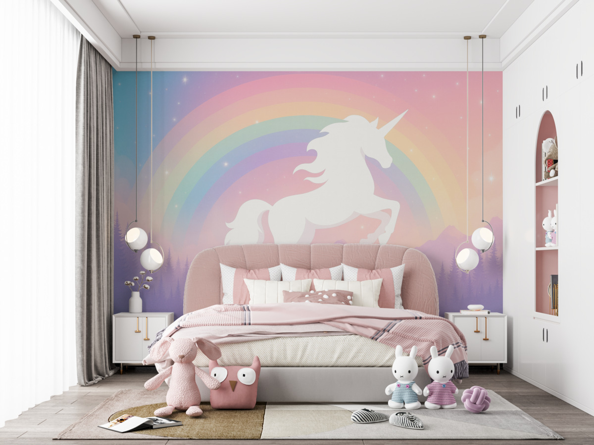 Fototapeta Sylwetka kucyka oraz barwne tło w stylu skandynawskim dla dziewczynek.