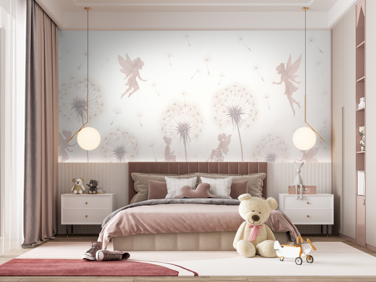 Fototapeta Zaczarowane wróżki w mleczach i dzikich kwiatach Skandynawski design dla dziewczynek w odcieniu różowym