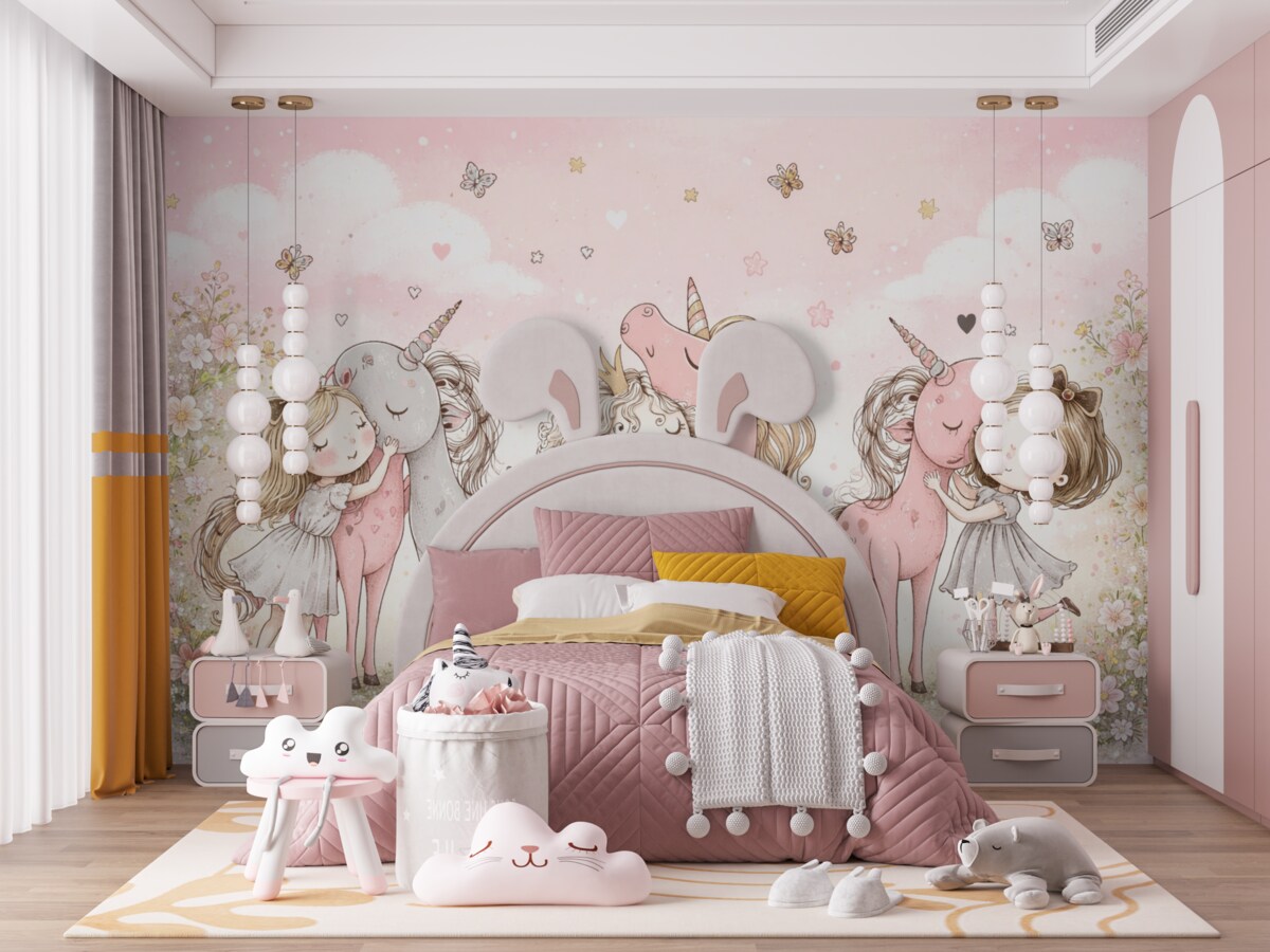 Fototapeta Cudowne dziewczynki i kucyki w skandynawskim wzornictwie dla dziewczynek.