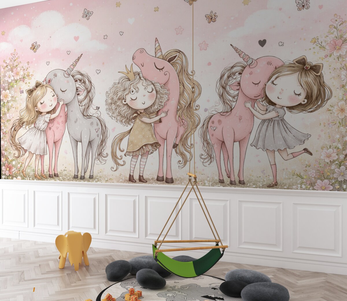 Fototapeta Cudowne dziewczynki i kucyki w skandynawskim wzornictwie dla dziewczynek.