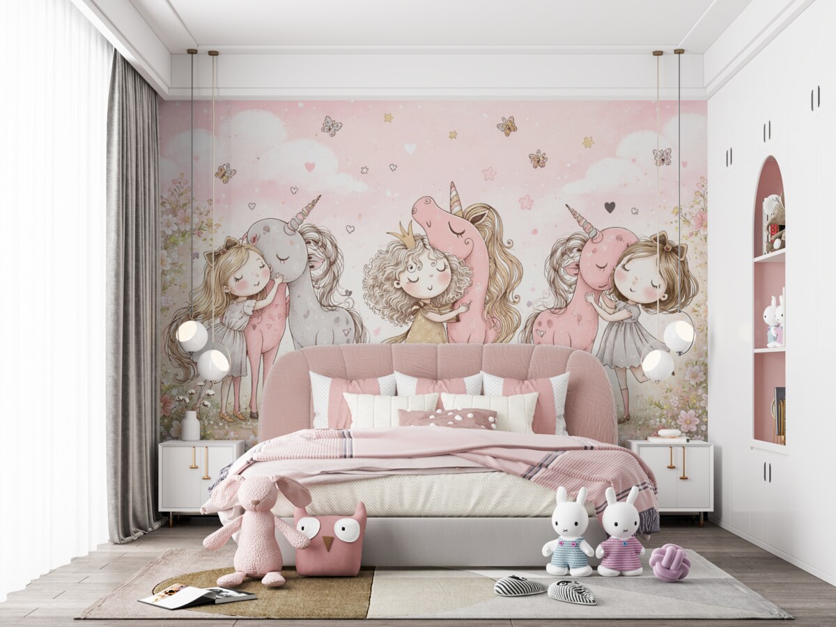 Fototapeta Cudowne dziewczynki i kucyki w skandynawskim wzornictwie dla dziewczynek.