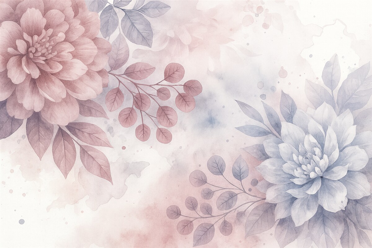 Fototapeta Delikatne, marzycielskie tło kwiatowe z subtelnymi różowymi i szarymi kwiatami oraz liśćmi w zamglonej kompozycji.