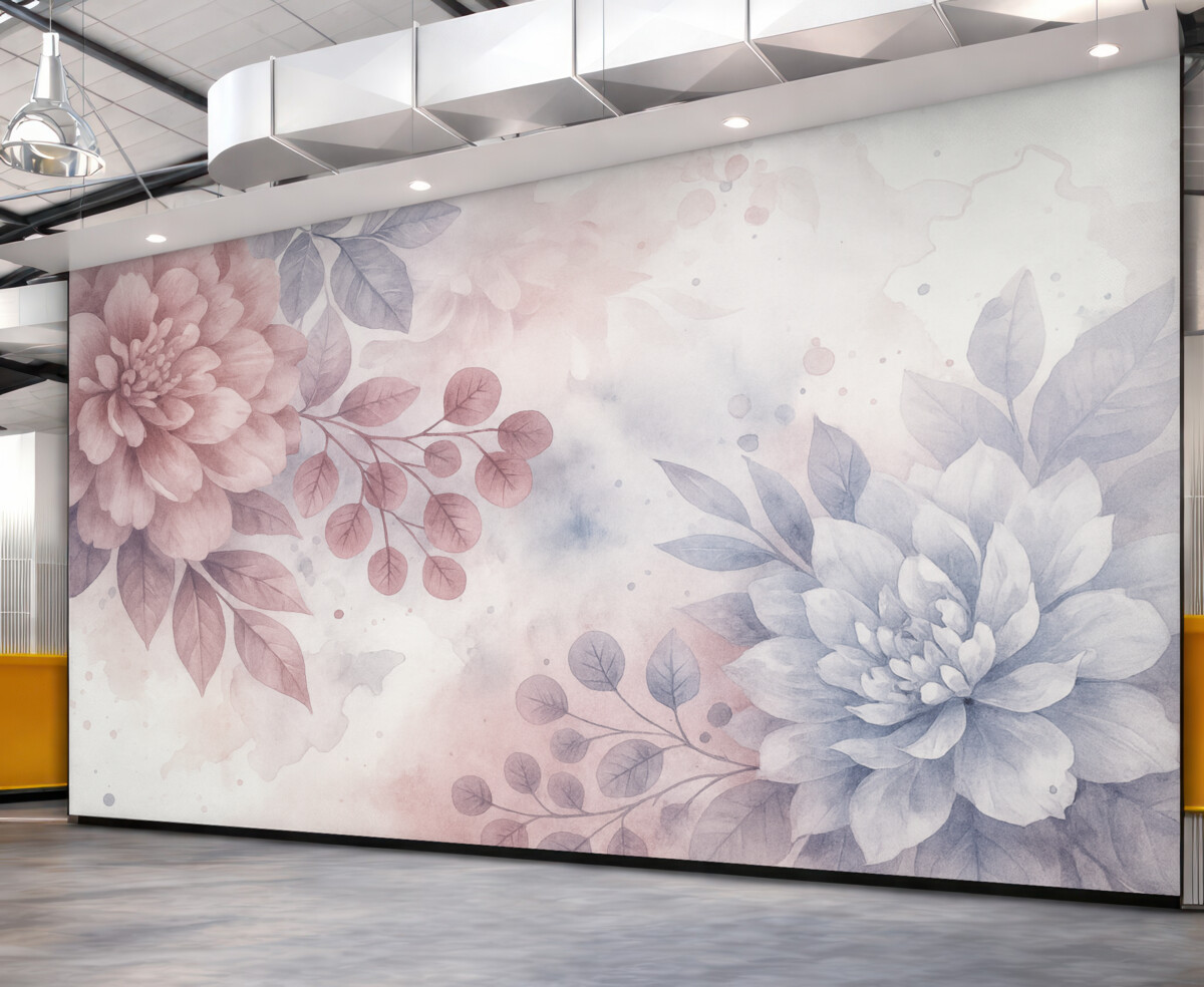 Fototapeta Delikatne, marzycielskie tło kwiatowe z subtelnymi różowymi i szarymi kwiatami oraz liśćmi w zamglonej kompozycji.