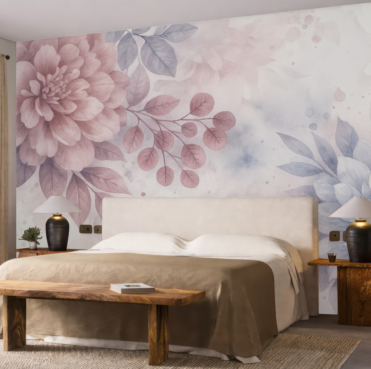 Fototapeta Delikatne, marzycielskie tło kwiatowe z subtelnymi różowymi i szarymi kwiatami oraz liśćmi w zamglonej kompozycji.