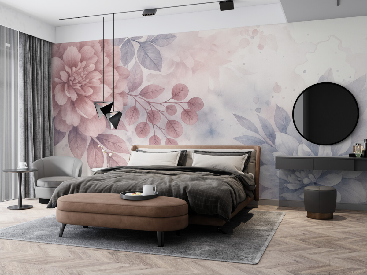 Fototapeta Delikatne, marzycielskie tło kwiatowe z subtelnymi różowymi i szarymi kwiatami oraz liśćmi w zamglonej kompozycji.