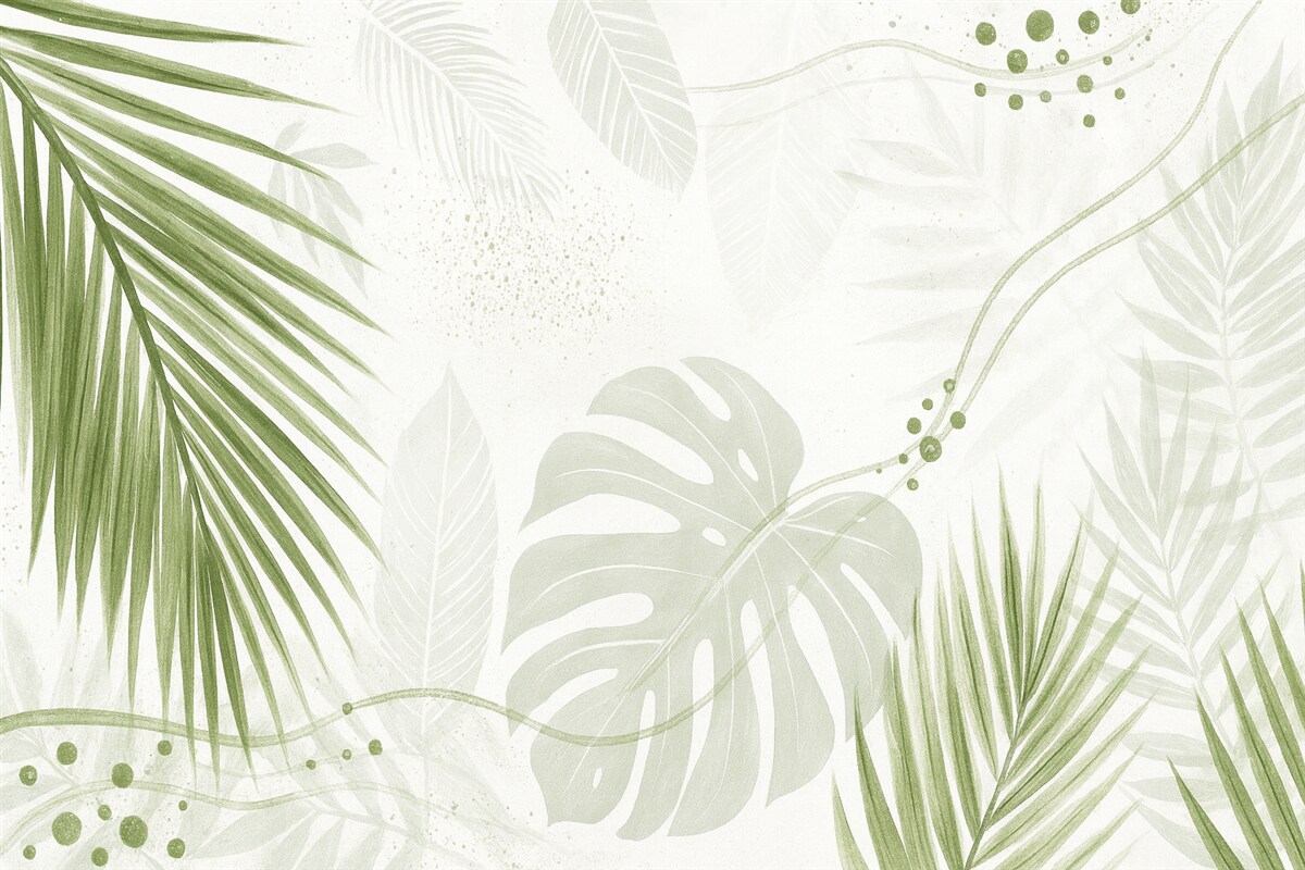 Fototapeta Tropikalne zielone liście oraz liście palmy, o abstrakcyjnych formach i plamach w tonacjach zieleni i bieli.