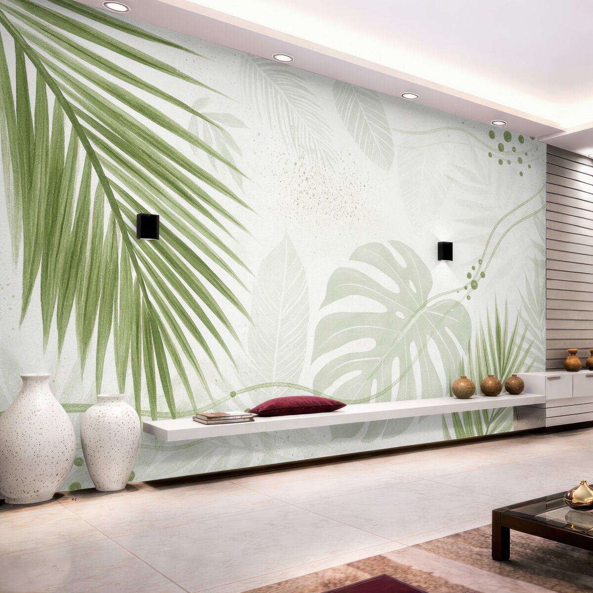 Fototapeta Tropikalne zielone liście oraz liście palmy, o abstrakcyjnych formach i plamach w tonacjach zieleni i bieli.