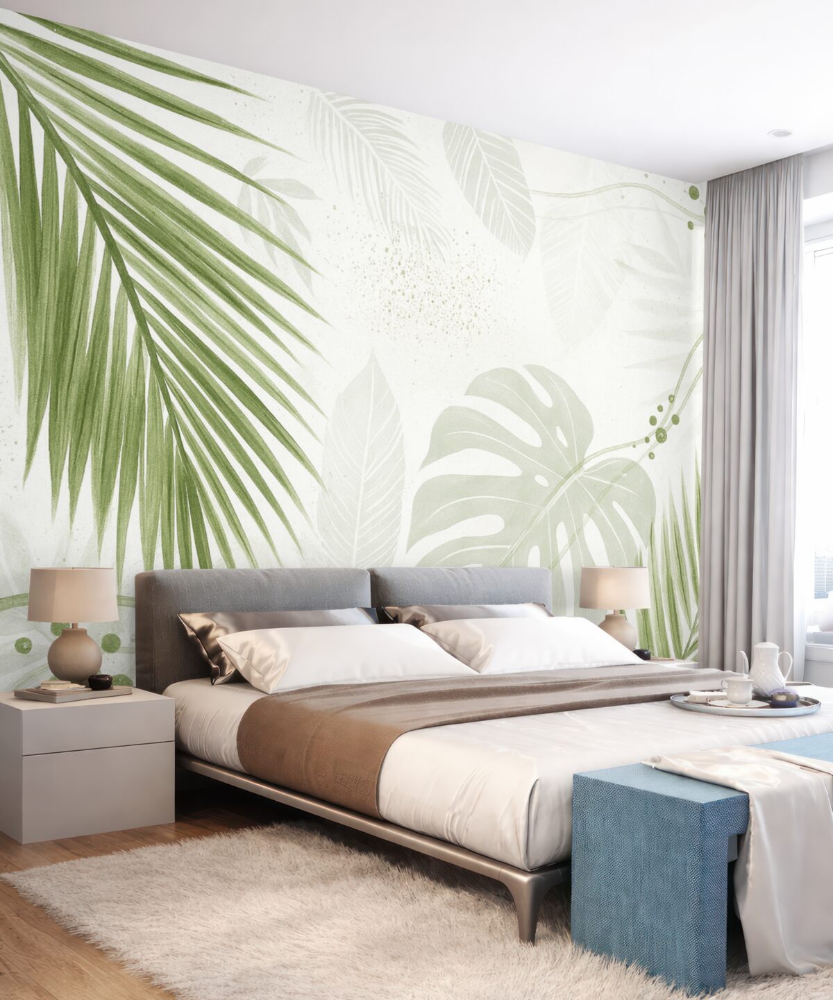 Fototapeta Tropikalne zielone liście oraz liście palmy, o abstrakcyjnych formach i plamach w tonacjach zieleni i bieli.