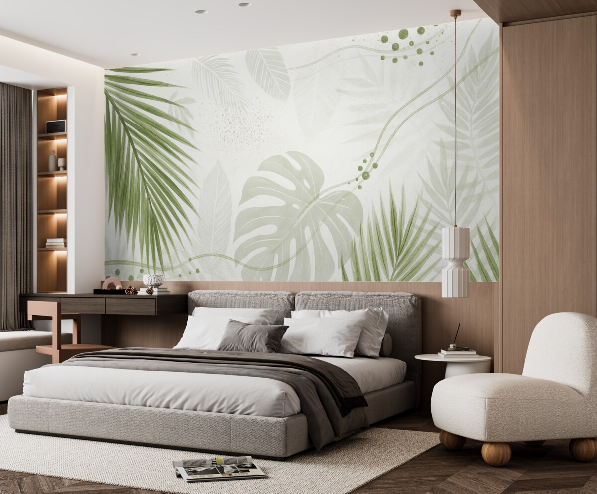 Fototapeta Tropikalne zielone liście oraz liście palmy, o abstrakcyjnych formach i plamach w tonacjach zieleni i bieli.