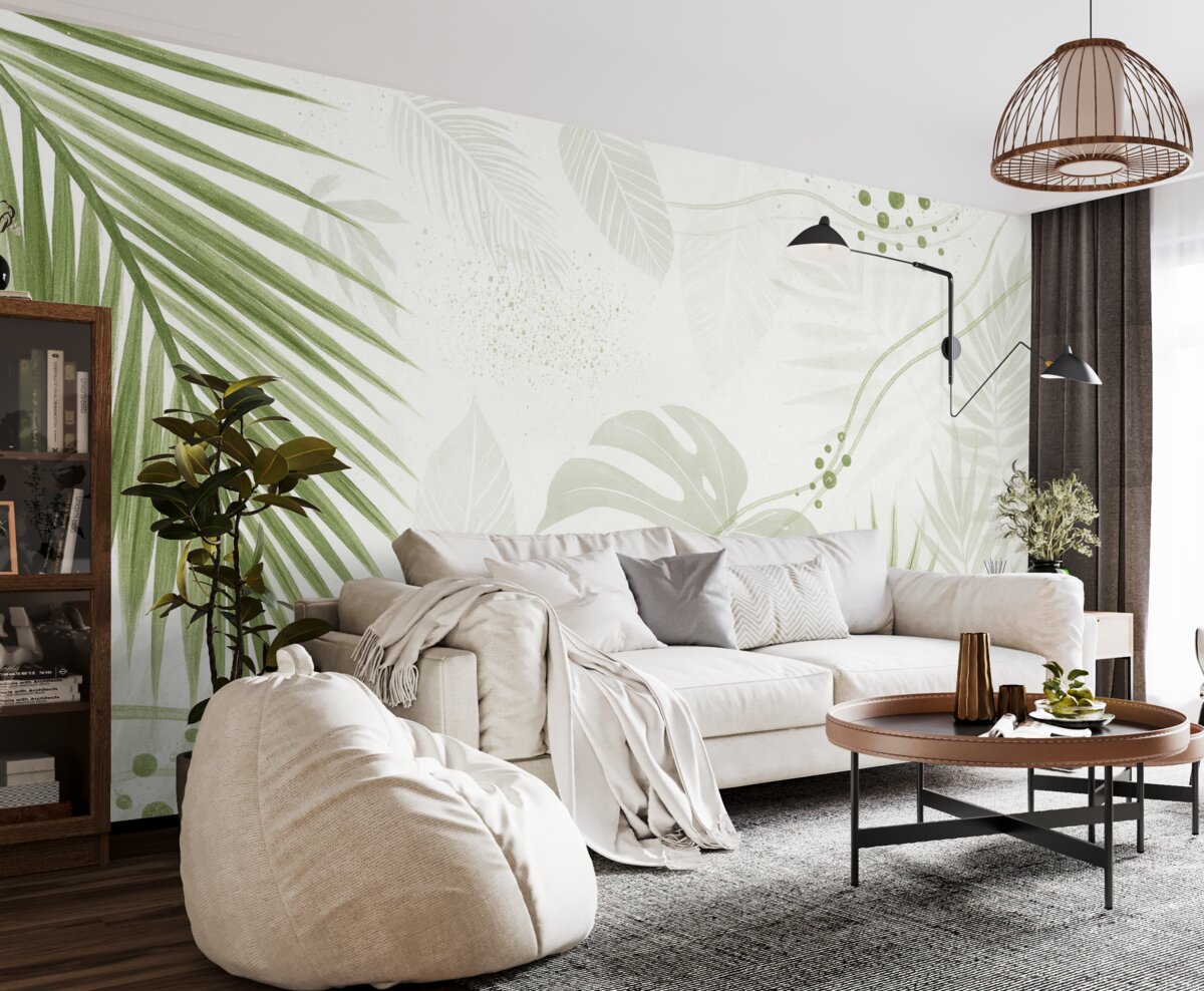 Fototapeta Tropikalne zielone liście oraz liście palmy, o abstrakcyjnych formach i plamach w tonacjach zieleni i bieli.