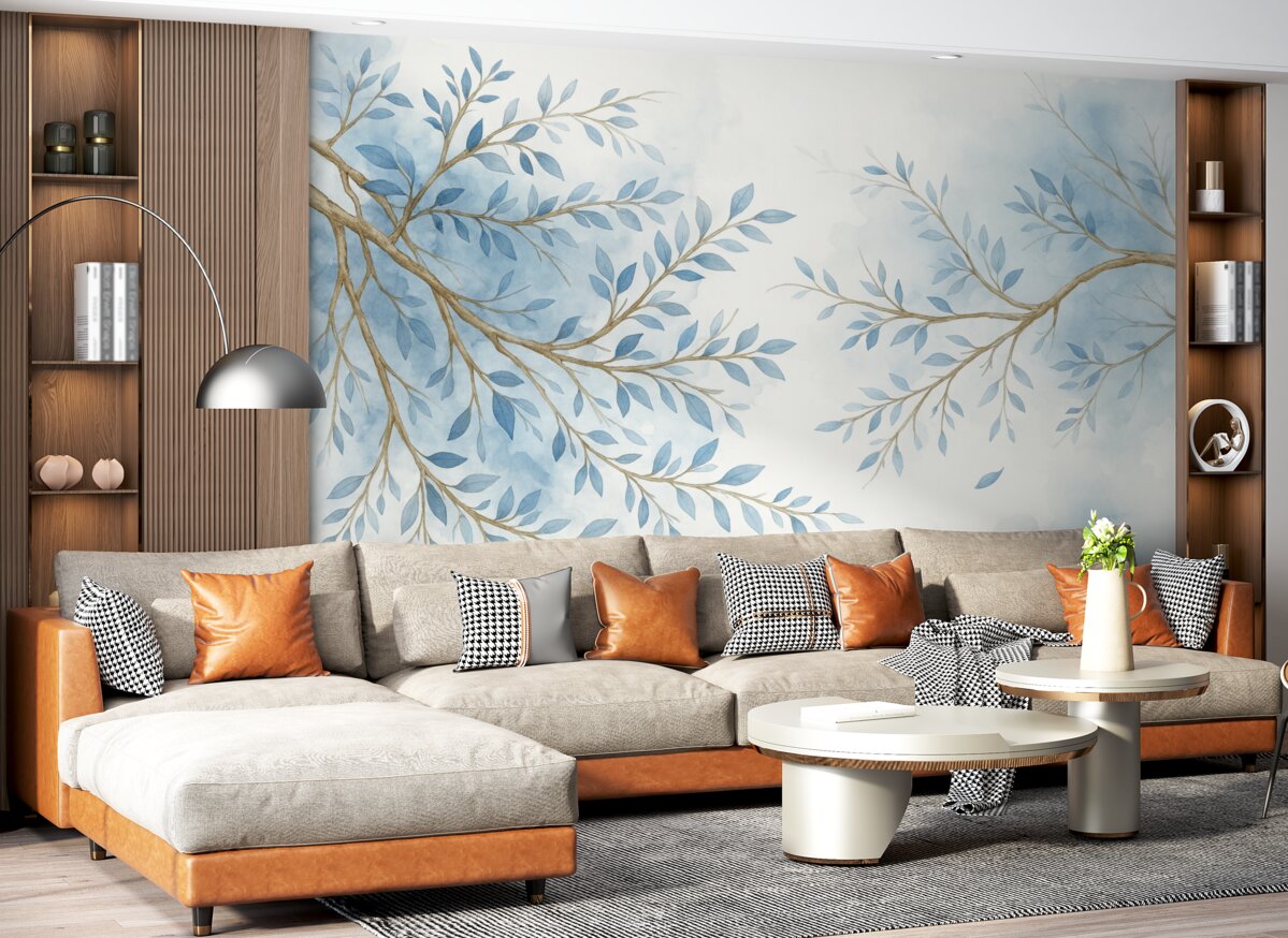 Fototapeta Subtelne niebiesko-białe gałązki kwiatowe z gładkim, rozmytym akwarelowym tłem.