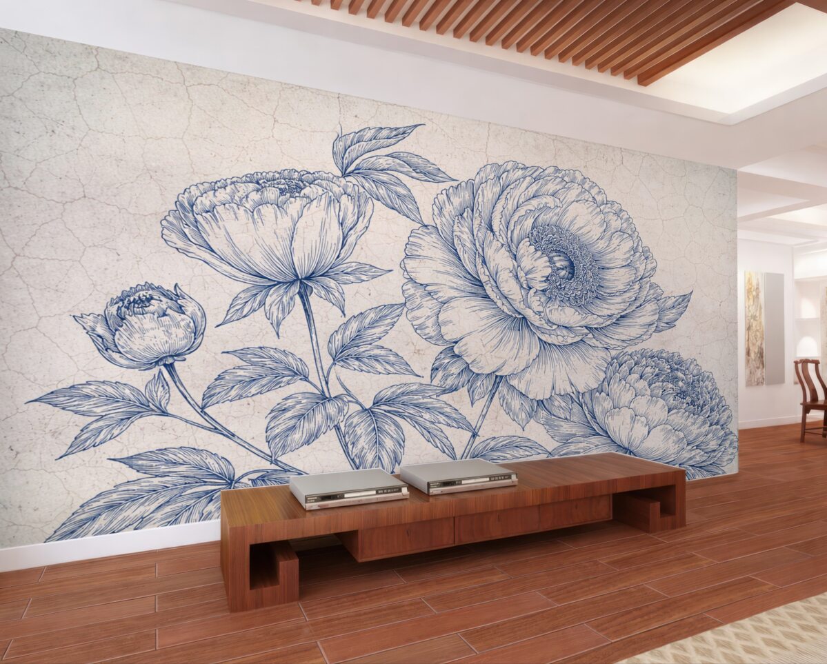 Fototapeta Dokładny obraz dużych kwiatów piwonii z gęstymi płatkami i liśćmi, na wzorzystym tle.