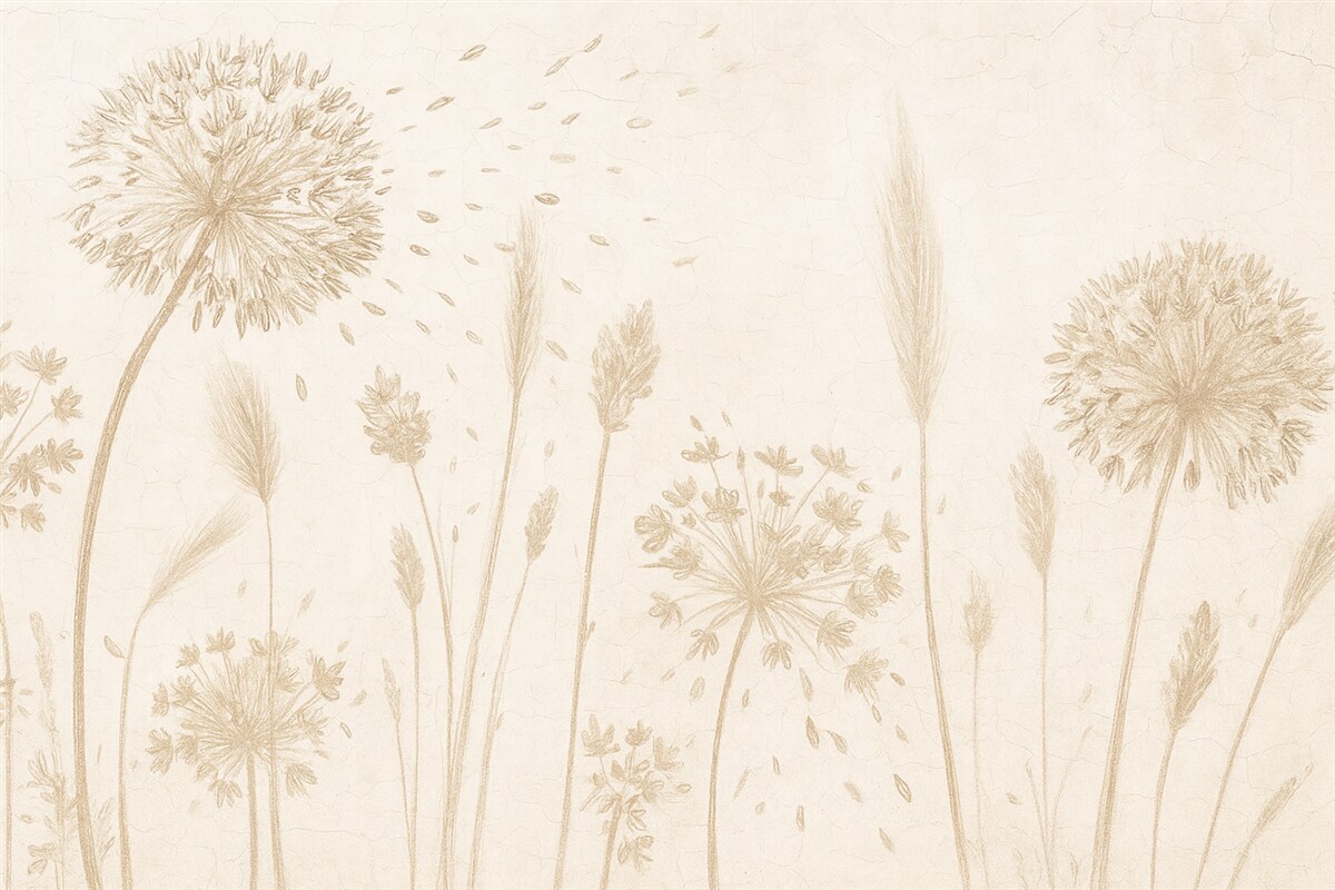 Fototapeta Łąka z mniszkami lekarskimi i innymi roślinami na delikatnym, mglistym tle.