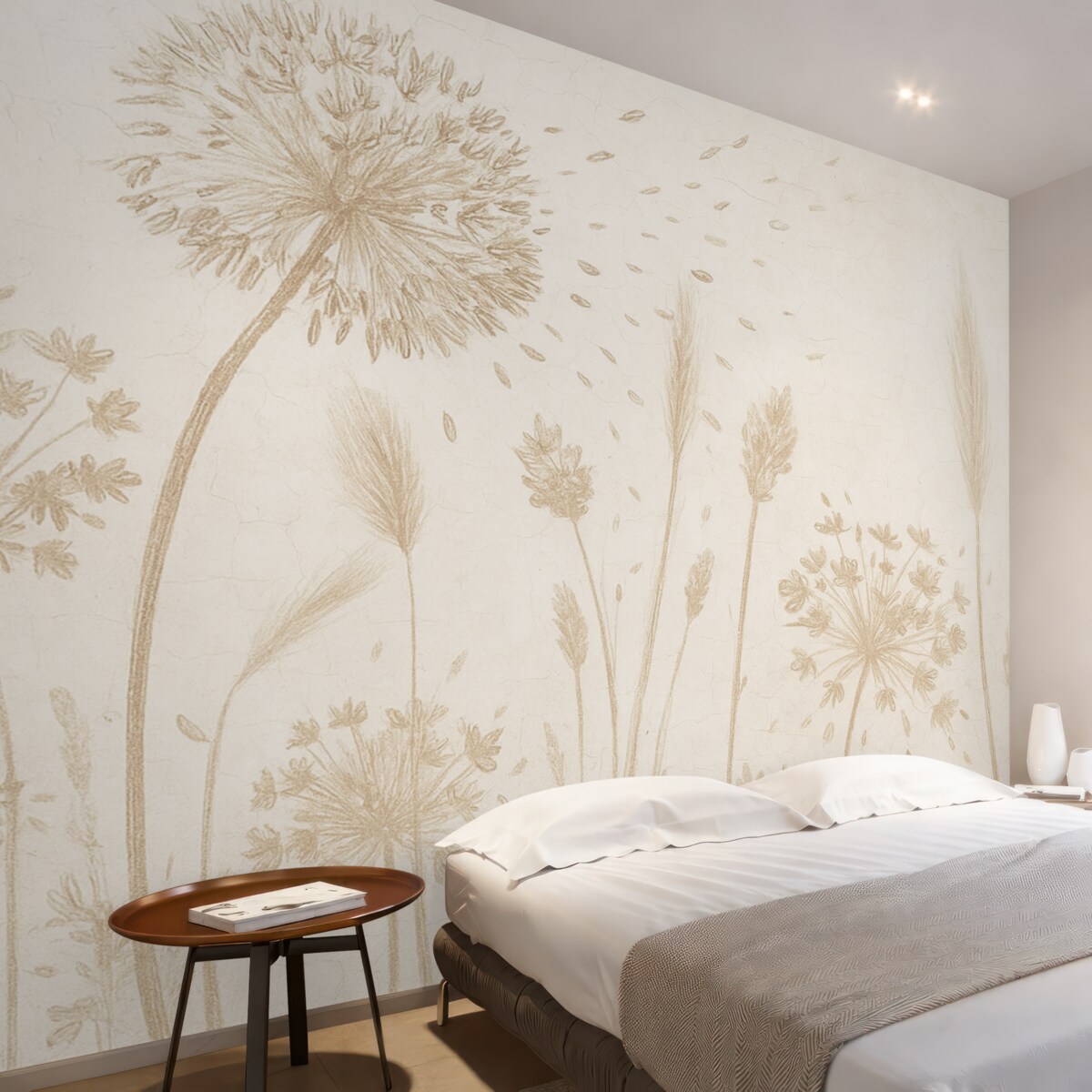 Fototapeta Łąka z mniszkami lekarskimi i innymi roślinami na delikatnym, mglistym tle.