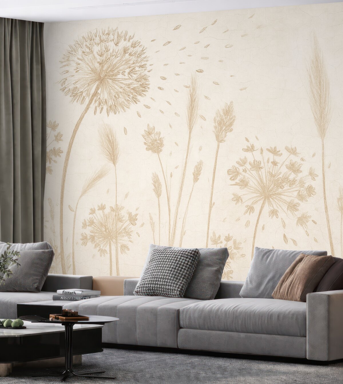 Fototapeta Łąka z mniszkami lekarskimi i innymi roślinami na delikatnym, mglistym tle.