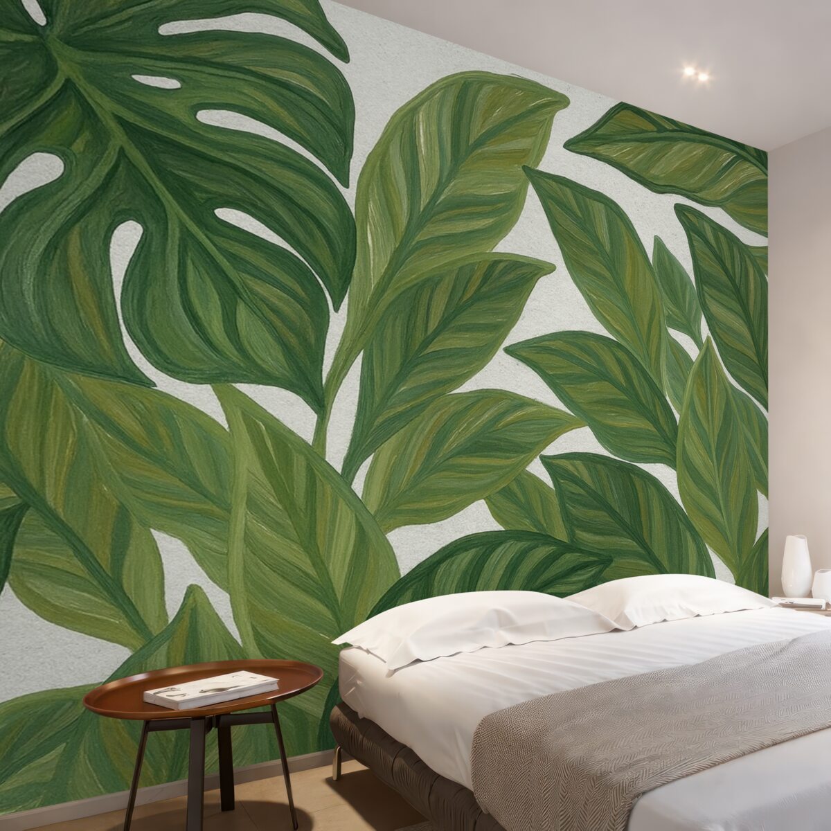 Fototapeta Gęste, zielone liście tropikalne w różnych tonacjach zieleni, tworzące dynamiczny i naturalny wzór liści.