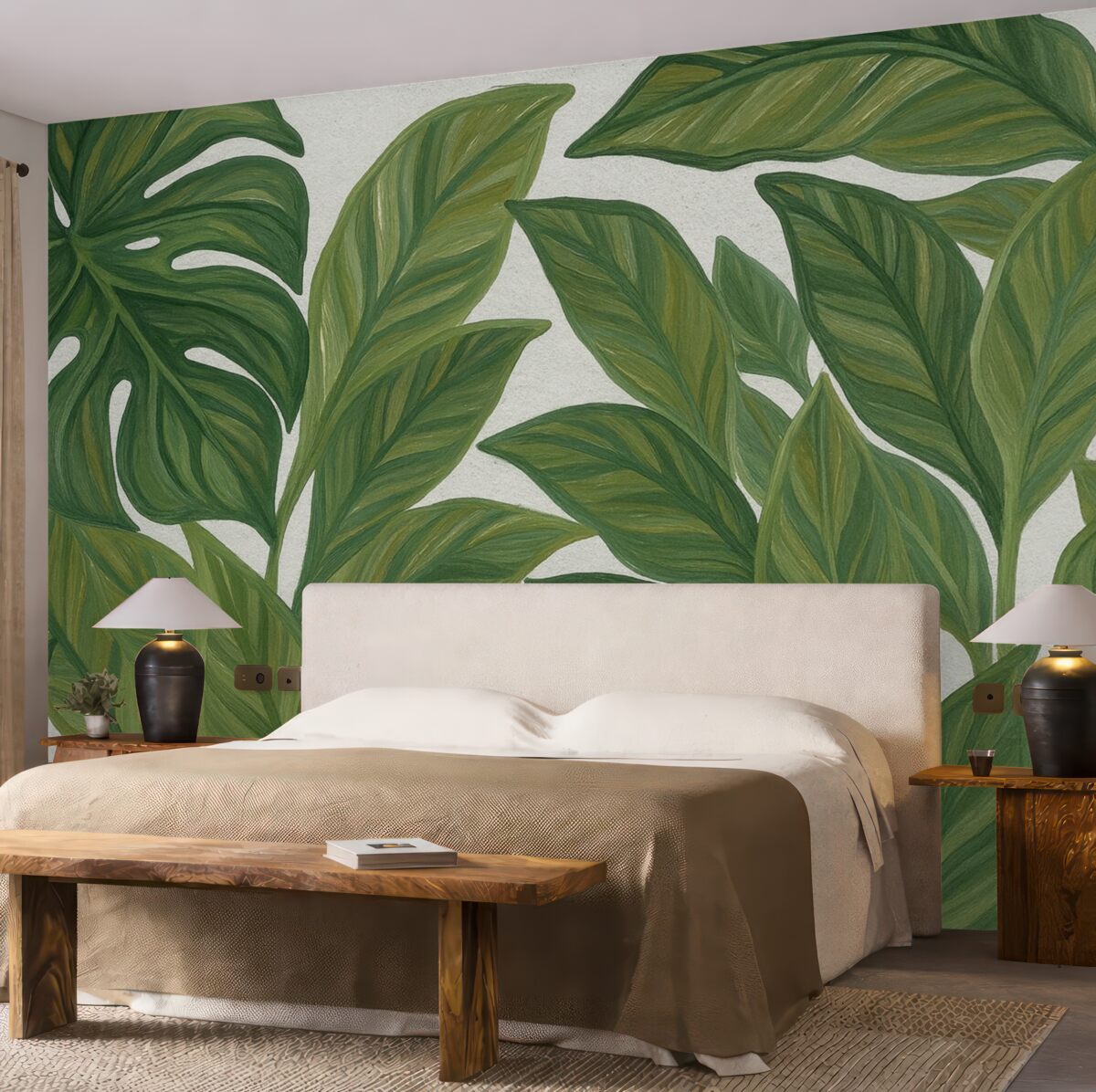 Fototapeta Gęste, zielone liście tropikalne w różnych tonacjach zieleni, tworzące dynamiczny i naturalny wzór liści.