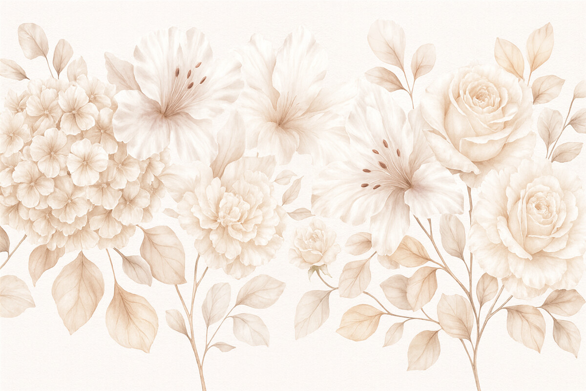 Fototapeta Subtelna różowo-biała aranżacja kwiatowa z cienkimi płatkami i kwiatami na jasnym tle.