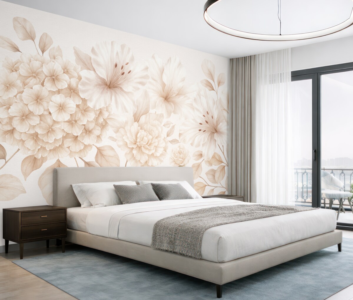 Fototapeta Subtelna różowo-biała aranżacja kwiatowa z cienkimi płatkami i kwiatami na jasnym tle.