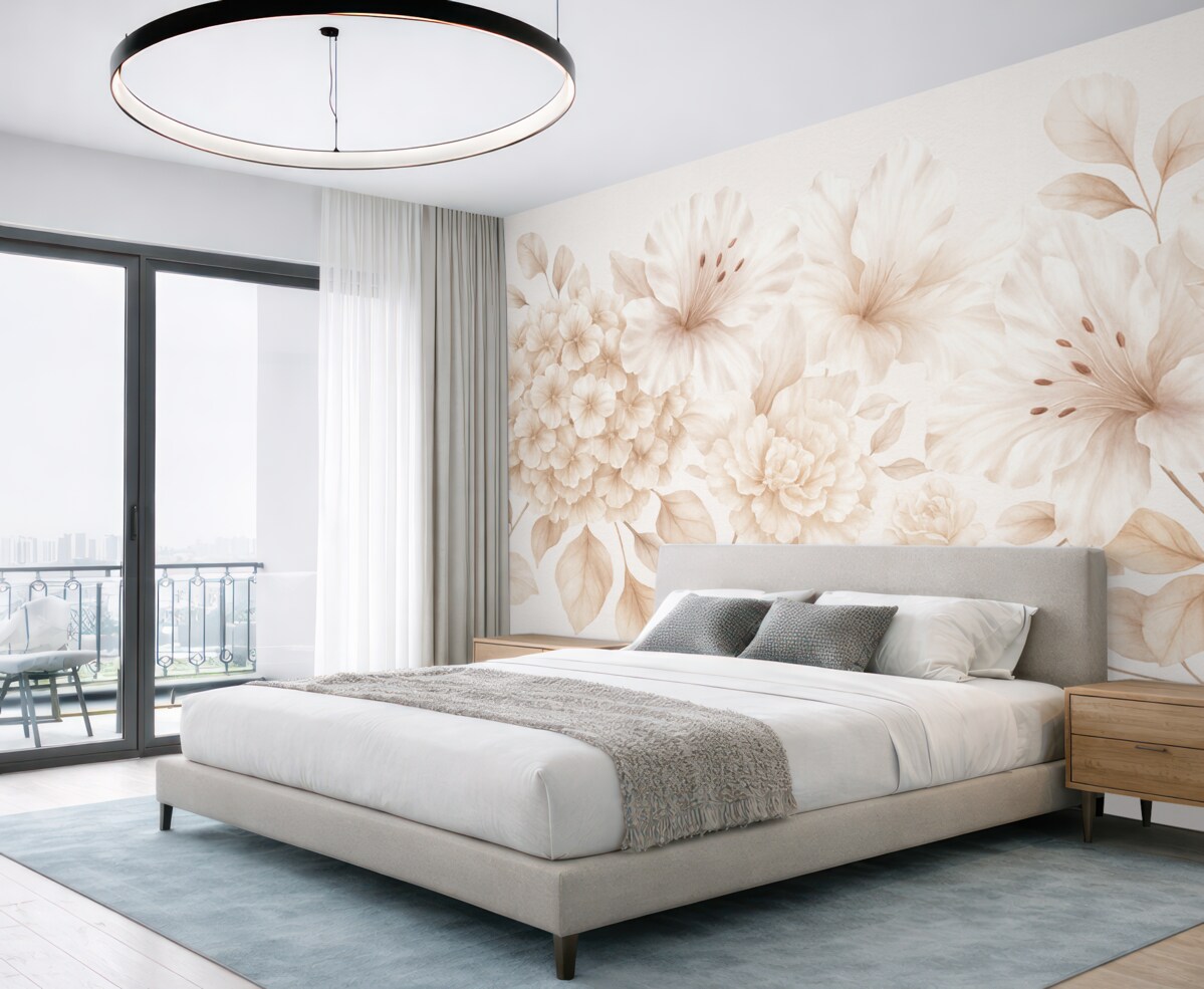 Fototapeta Subtelna różowo-biała aranżacja kwiatowa z cienkimi płatkami i kwiatami na jasnym tle.