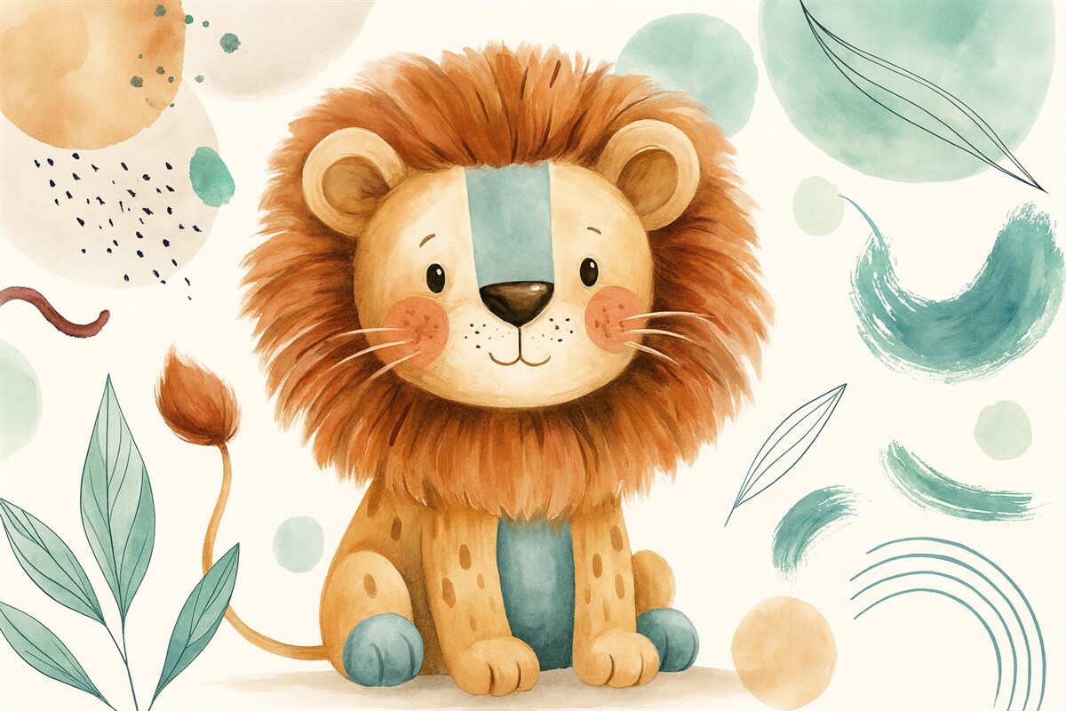 Fototapeta Słodki lew z bajek na kolorowym, abstrakcyjnym tle z pociągnięciami pędzla oraz plamami pastelowych odcieni.