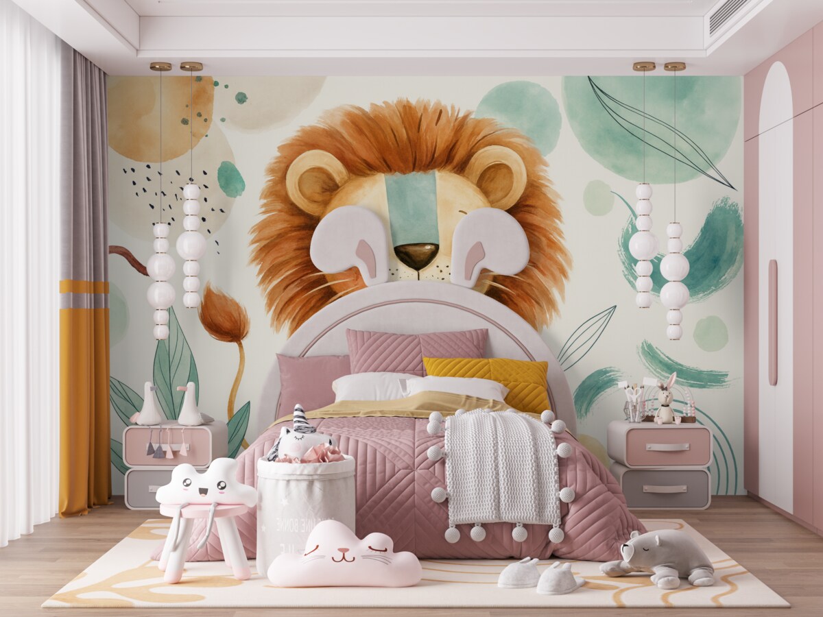 Fototapeta Słodki lew z bajek na kolorowym, abstrakcyjnym tle z pociągnięciami pędzla oraz plamami pastelowych odcieni.