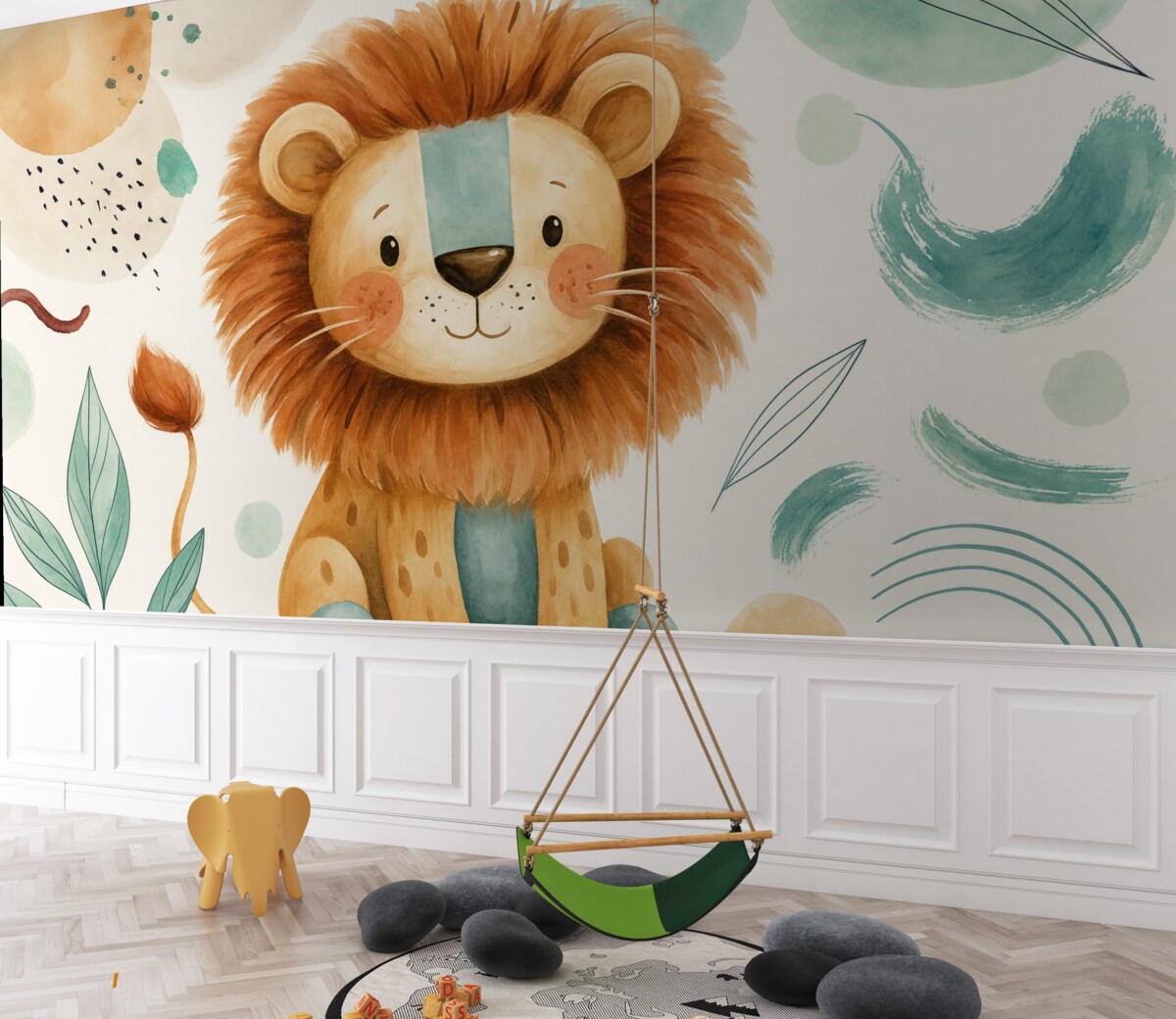 Fototapeta Słodki lew z bajek na kolorowym, abstrakcyjnym tle z pociągnięciami pędzla oraz plamami pastelowych odcieni.