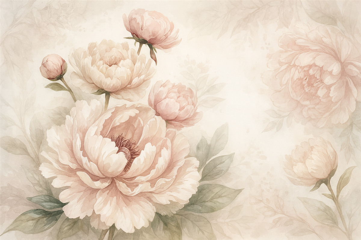 Fototapeta Subtelne różowe piwonie z aksamitnymi płatkami na jasnym tle, tworzą wyszukaną kompozycję florystyczną.