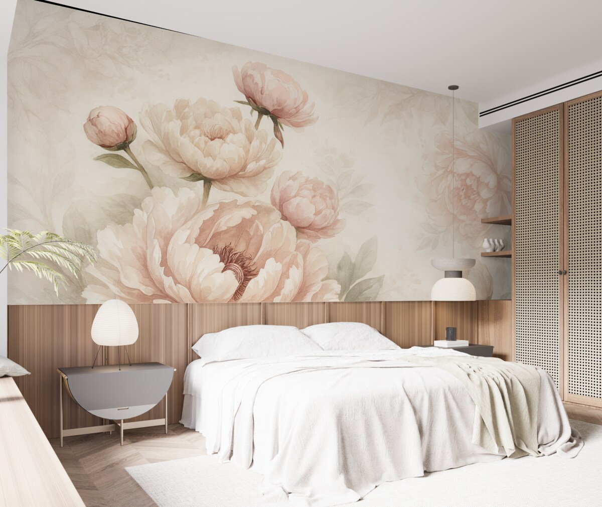 Fototapeta Subtelne różowe piwonie z aksamitnymi płatkami na jasnym tle, tworzą wyszukaną kompozycję florystyczną.