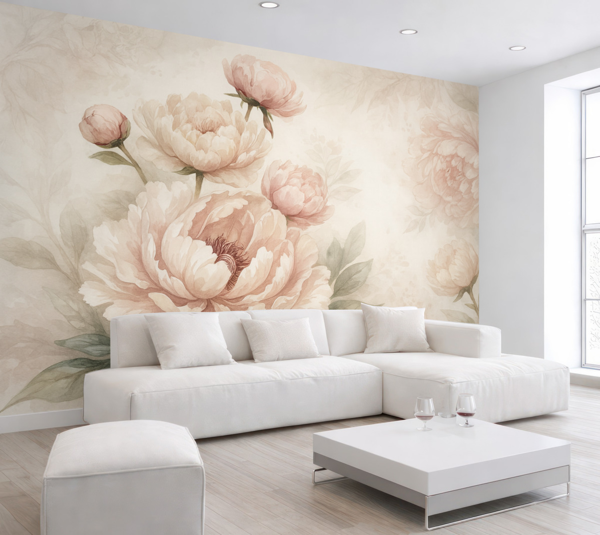 Fototapeta Subtelne różowe piwonie z aksamitnymi płatkami na jasnym tle, tworzą wyszukaną kompozycję florystyczną.