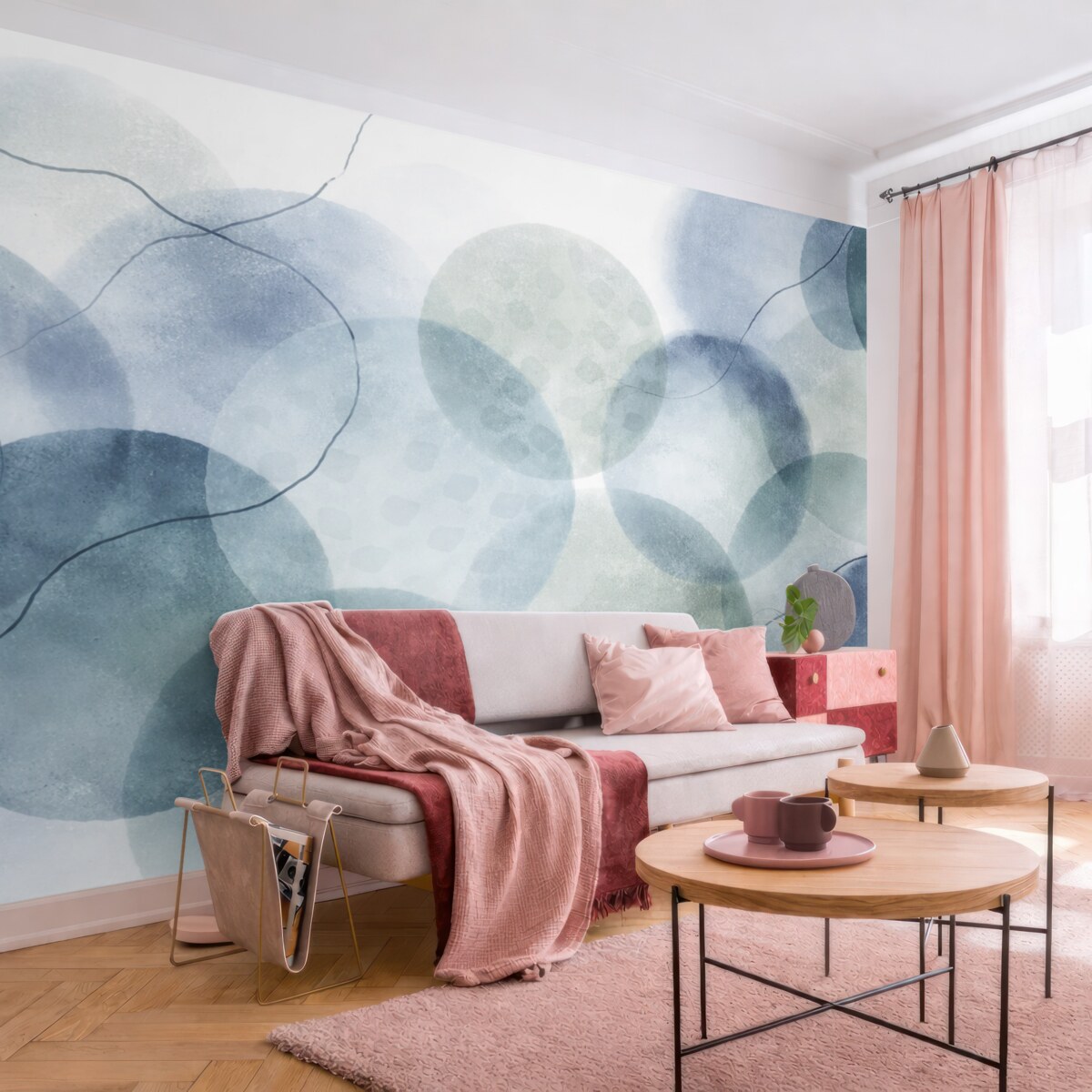 Fototapeta Delikatne, akwarelowe abstrakcyjne formy w kolorach błękitu, zieleni i bieli.