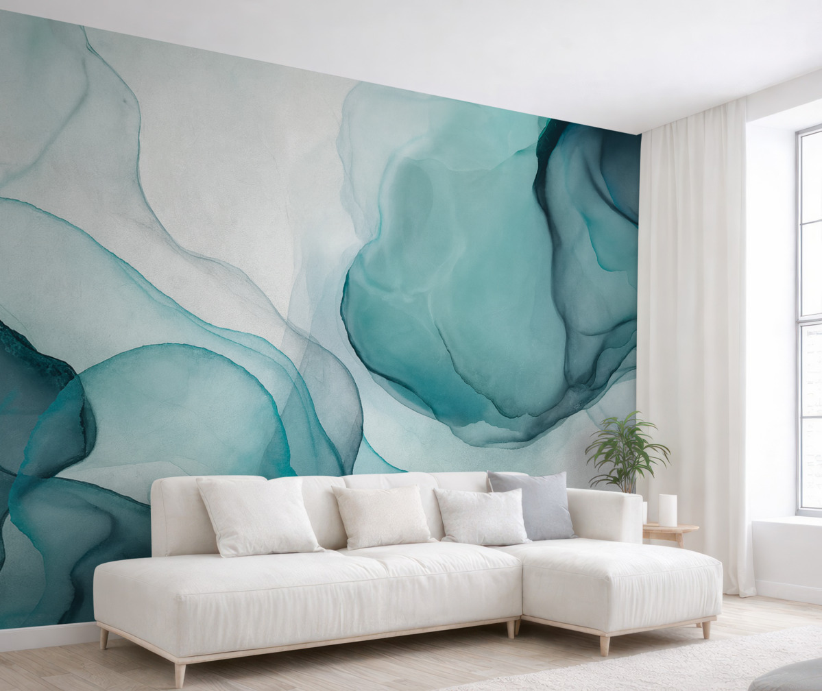 Fototapeta Abstrakcyjna niebiesko-biała sztuka płynna, przypominająca spływającą wodę i tusz.