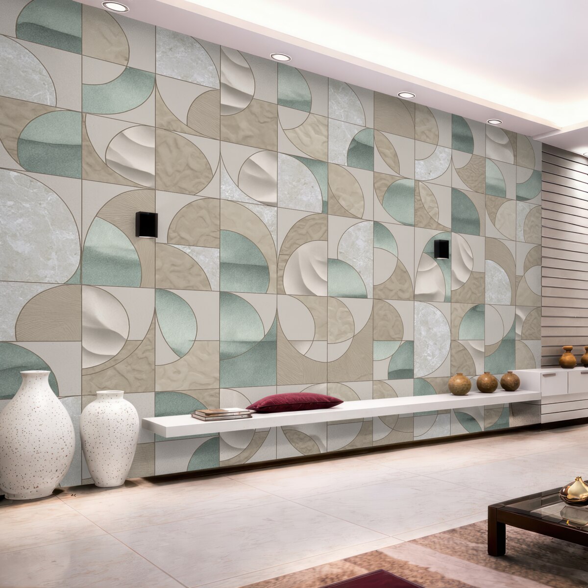 Fototapeta Geometryczny motyw zielonych, beżowych i białych faktur ułożonych w cykliczny abstrakcyjny wzór.