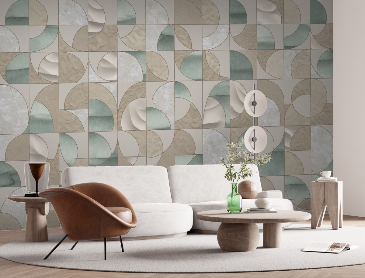 Fototapeta Geometryczny motyw zielonych, beżowych i białych faktur ułożonych w cykliczny abstrakcyjny wzór.